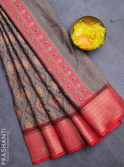 Semi kanchipuram silk saree grey and red with allover ikat digital prints and zari woven border