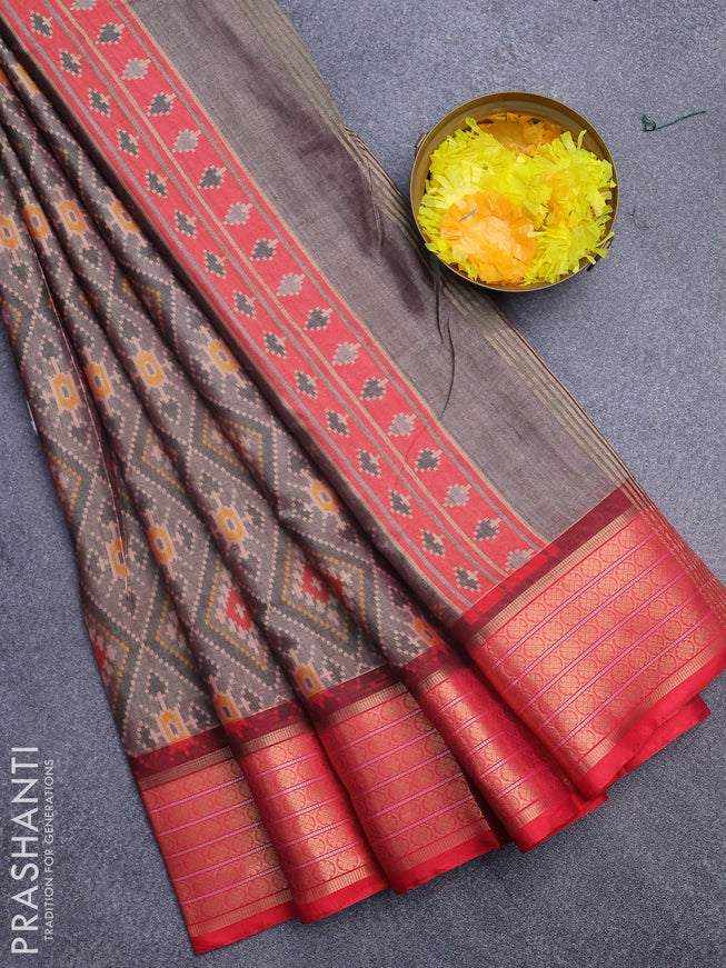 Semi kanchipuram silk saree grey and red with allover ikat digital prints and zari woven border