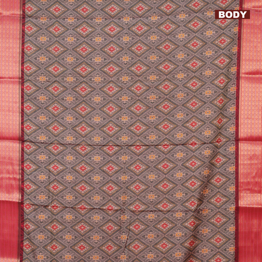 Semi kanchipuram silk saree grey and red with allover ikat digital prints and zari woven border