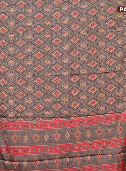 Semi kanchipuram silk saree grey and red with allover ikat digital prints and zari woven border