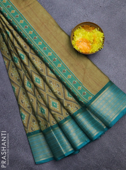 Semi kanchipuram silk saree mustard shade and teal green with allover ikat digital prints and zari woven border