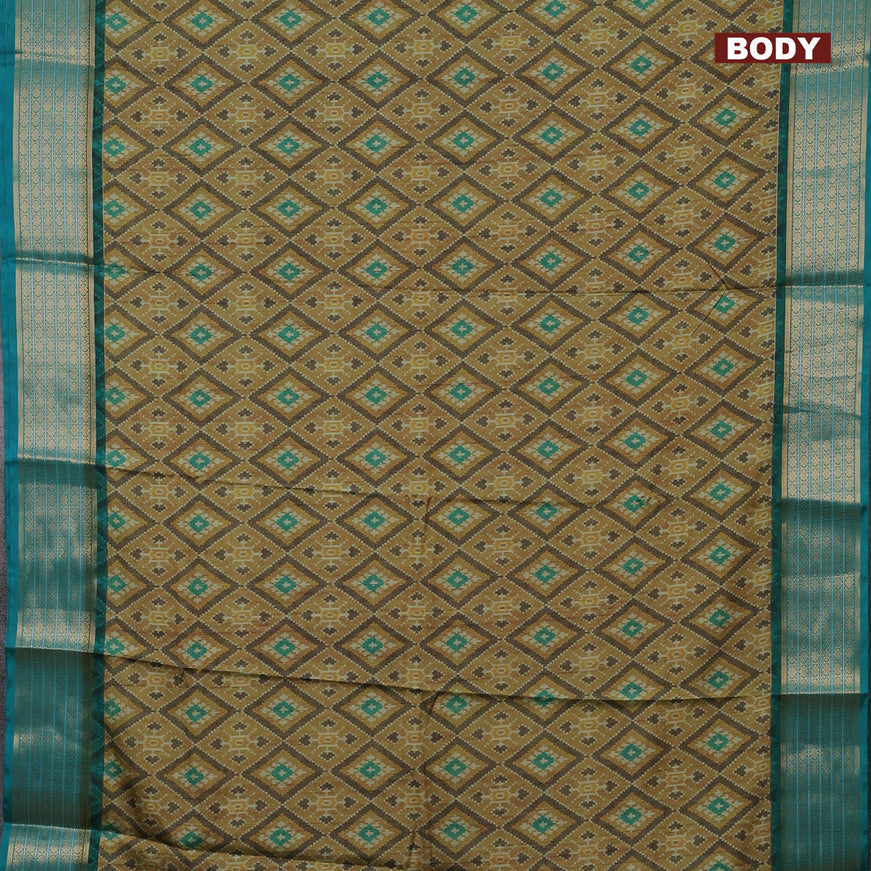 Semi kanchipuram silk saree mustard shade and teal green with allover ikat digital prints and zari woven border