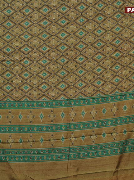 Semi kanchipuram silk saree mustard shade and teal green with allover ikat digital prints and zari woven border