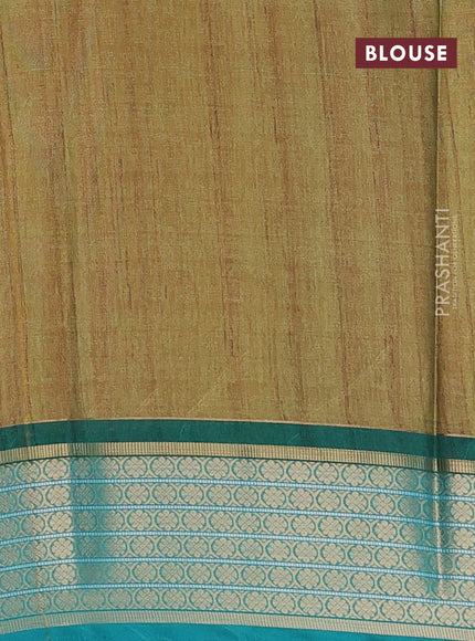 Semi kanchipuram silk saree mustard shade and teal green with allover ikat digital prints and zari woven border