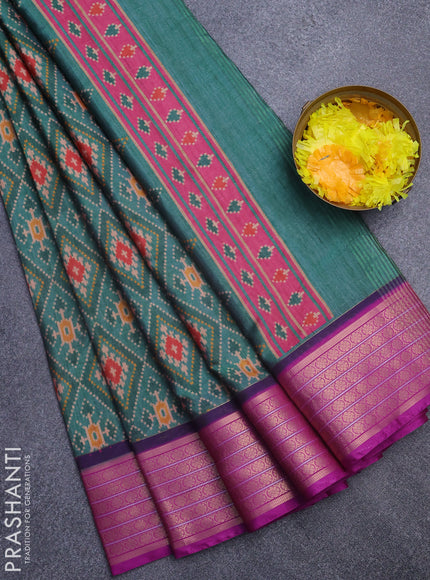 Semi kanchipuram silk saree teal green and purple with allover ikat digital prints and zari woven border