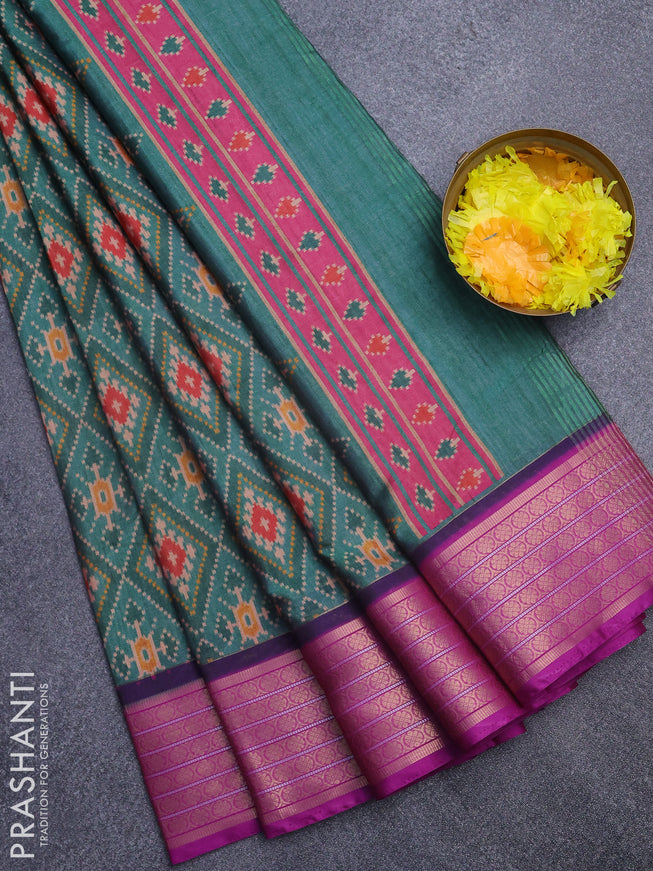 Semi kanchipuram silk saree teal green and purple with allover ikat digital prints and zari woven border