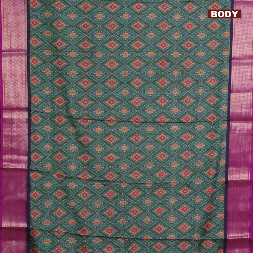 Semi kanchipuram silk saree teal green and purple with allover ikat digital prints and zari woven border