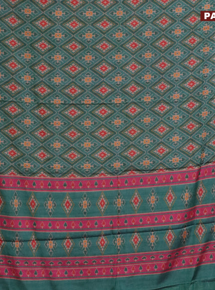 Semi kanchipuram silk saree teal green and purple with allover ikat digital prints and zari woven border