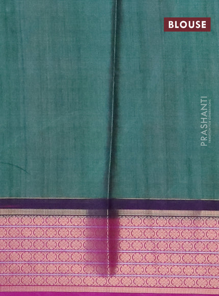 Semi kanchipuram silk saree teal green and purple with allover ikat digital prints and zari woven border