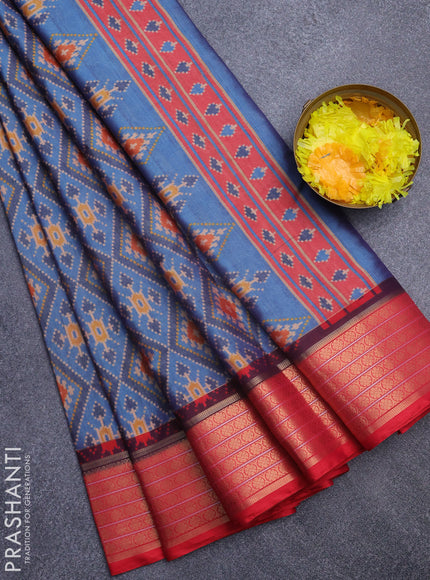 Semi kanchipuram silk saree cs blue and red with allover ikat digital prints and zari woven border