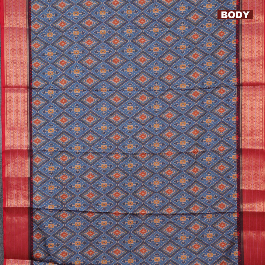 Semi kanchipuram silk saree cs blue and red with allover ikat digital prints and zari woven border