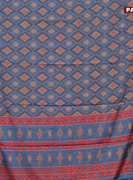 Semi kanchipuram silk saree cs blue and red with allover ikat digital prints and zari woven border