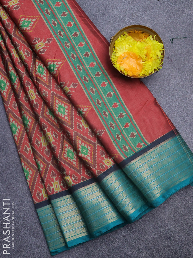 Semi kanchipuram silk saree red and teal green with allover ikat digital prints and zari woven border