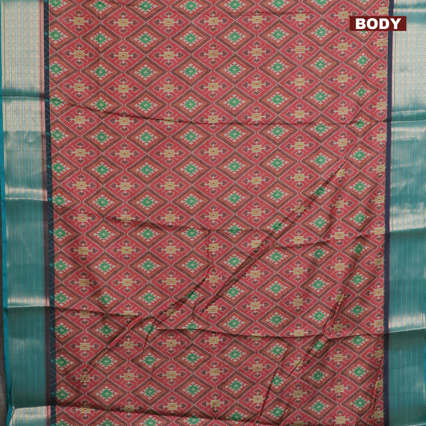 Semi kanchipuram silk saree red and teal green with allover ikat digital prints and zari woven border