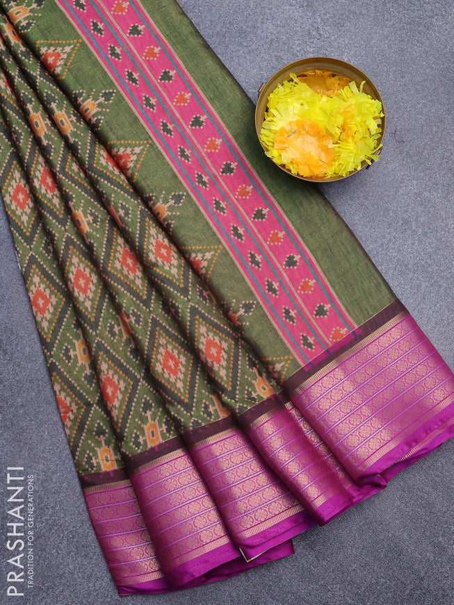 Semi kanchipuram silk saree green shade and purple with allover ikat digital prints and zari woven border