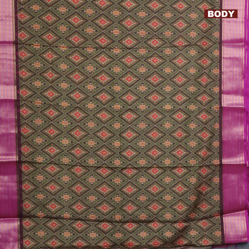 Semi kanchipuram silk saree green shade and purple with allover ikat digital prints and zari woven border