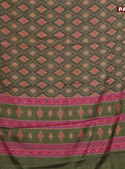 Semi kanchipuram silk saree green shade and purple with allover ikat digital prints and zari woven border