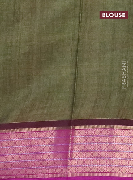 Semi kanchipuram silk saree green shade and purple with allover ikat digital prints and zari woven border