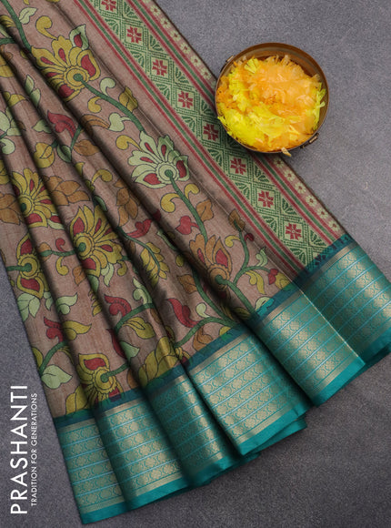 Semi kanchipuram silk saree brown and teal green with kalamkari digital prints and zari woven border