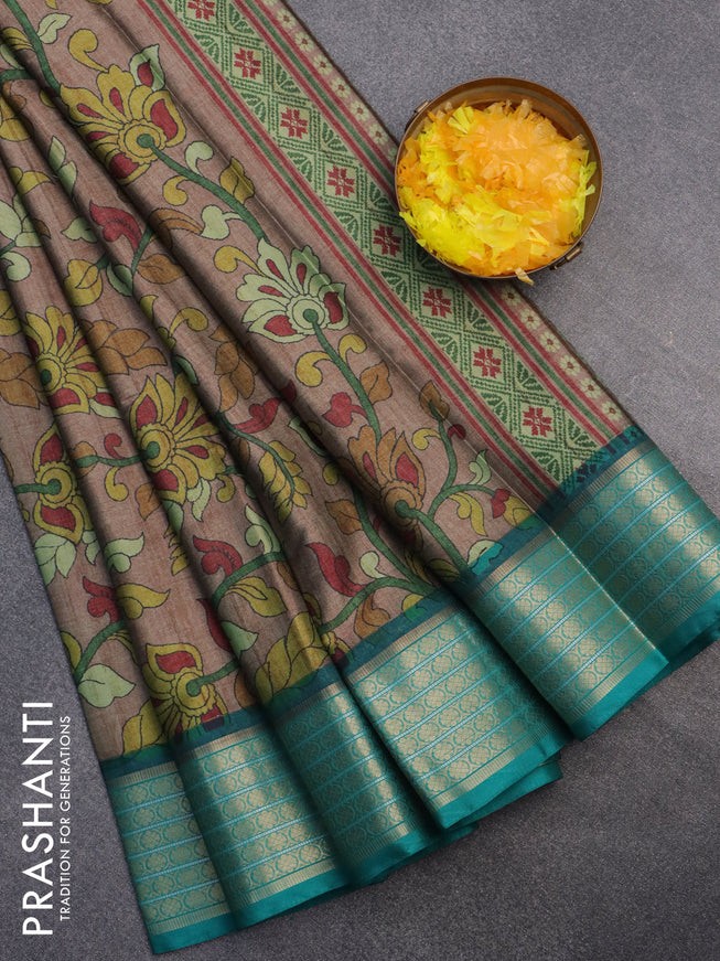 Semi kanchipuram silk saree brown and teal green with kalamkari digital prints and zari woven border