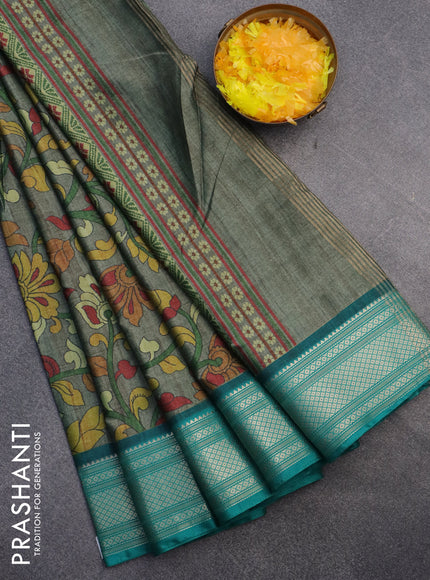 Semi kanchipuram silk saree grey shade and teal green with kalamkari digital prints and zari woven border