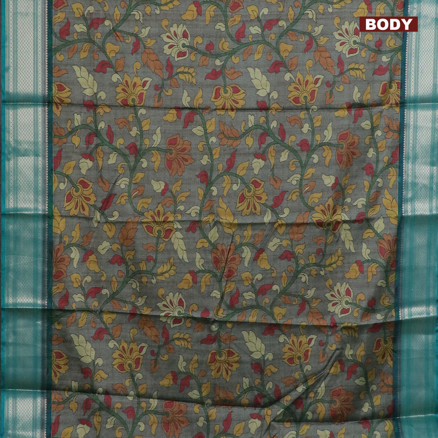 Semi kanchipuram silk saree grey shade and teal green with kalamkari digital prints and zari woven border