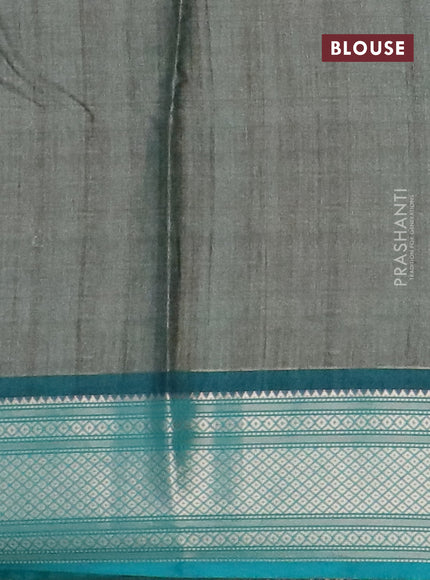 Semi kanchipuram silk saree grey shade and teal green with kalamkari digital prints and zari woven border