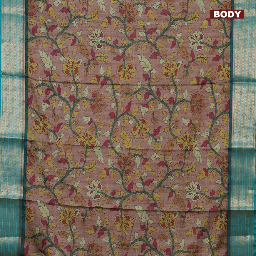 Semi kanchipuram silk saree brown and teal green with kalamkari digital prints and zari woven border