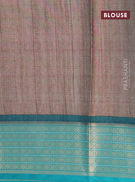 Semi kanchipuram silk saree brown and teal green with kalamkari digital prints and zari woven border