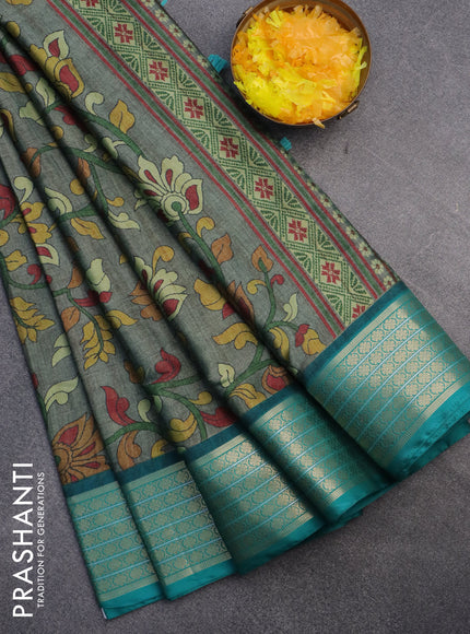 Semi kanchipuram silk saree grey shade and teal green with kalamkari digital prints and zari woven border