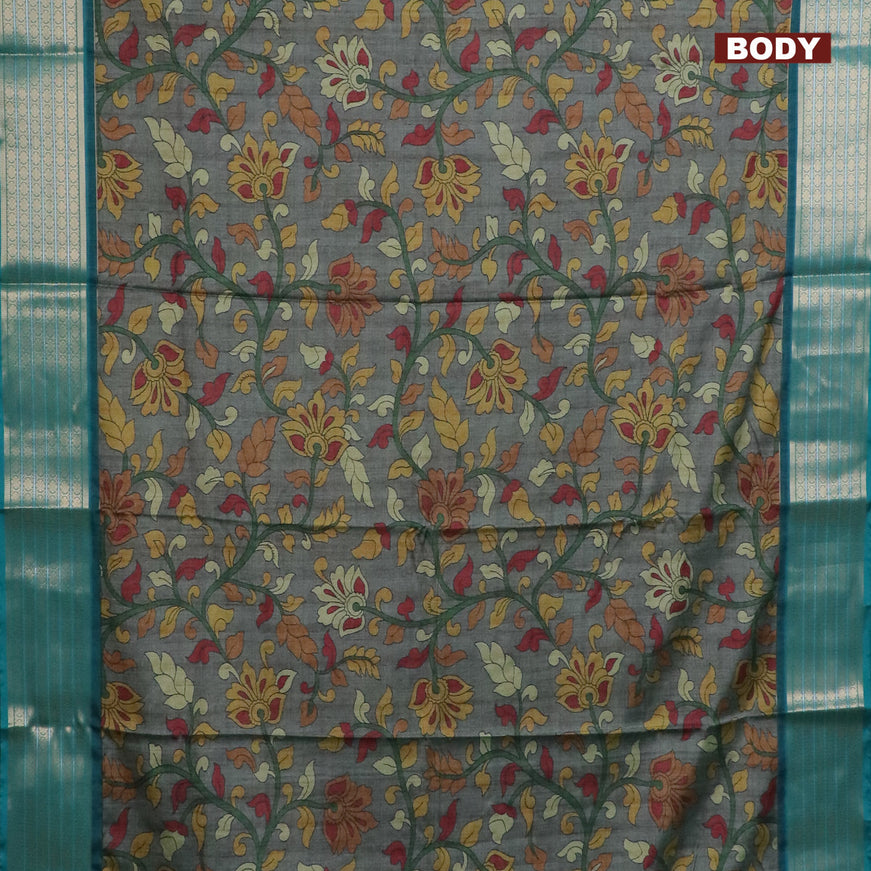 Semi kanchipuram silk saree grey shade and teal green with kalamkari digital prints and zari woven border