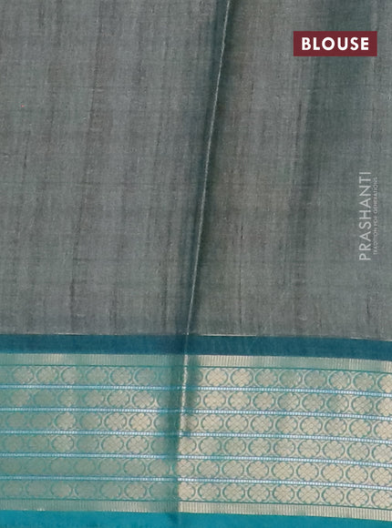 Semi kanchipuram silk saree grey shade and teal green with kalamkari digital prints and zari woven border