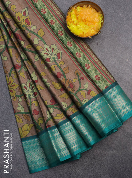 Semi kanchipuram silk saree brown and teal green with kalamkari digital prints and zari woven border