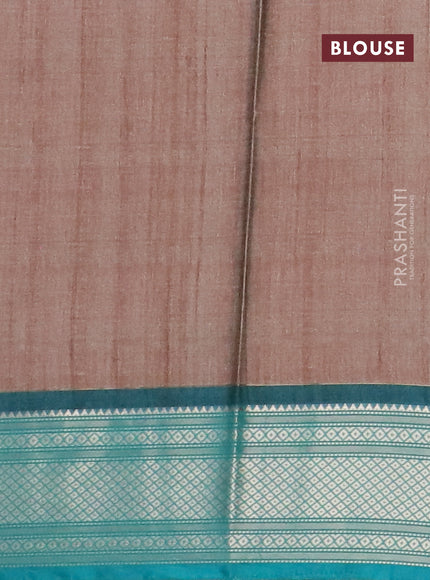 Semi kanchipuram silk saree brown and teal green with kalamkari digital prints and zari woven border