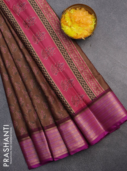 Semi kanchipuram silk saree brown and purple with allover butta prints and zari woven border