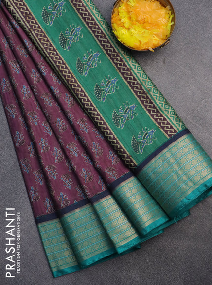 Semi kanchipuram silk saree purple shade and teal green with allover butta prints and zari woven border