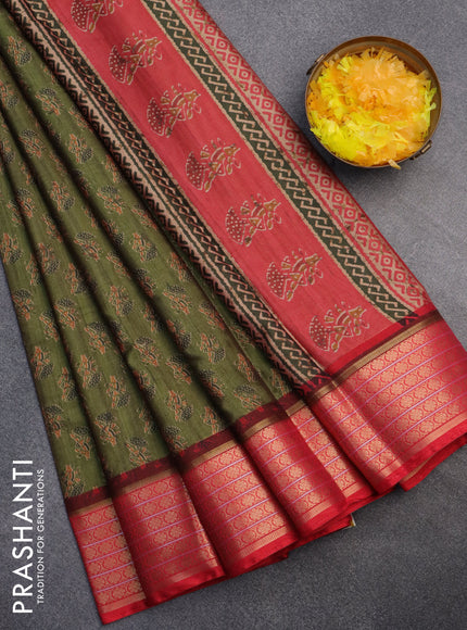 Semi kanchipuram silk saree mehendi green and red with allover butta prints and zari woven border