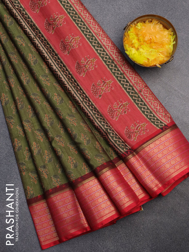 Semi kanchipuram silk saree mehendi green and red with allover butta prints and zari woven border