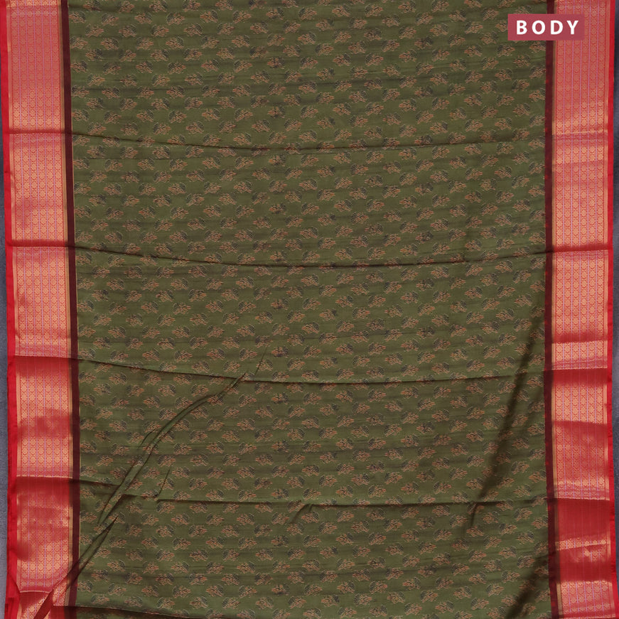 Semi kanchipuram silk saree mehendi green and red with allover butta prints and zari woven border