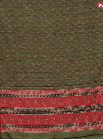 Semi kanchipuram silk saree mehendi green and red with allover butta prints and zari woven border