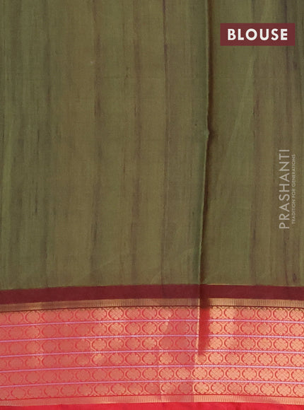 Semi kanchipuram silk saree mehendi green and red with allover butta prints and zari woven border