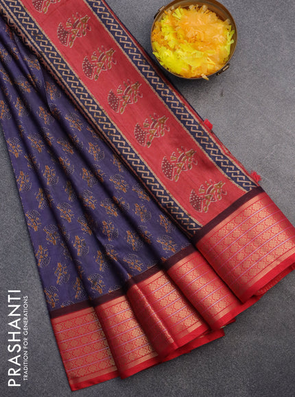 Semi kanchipuram silk saree blue and red with allover butta prints and zari woven border