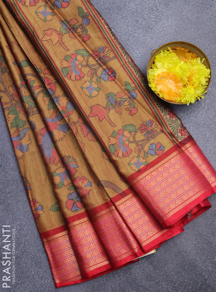 Semi kanchipuram silk saree mustard shade and red with allover digital prints and zari woven border