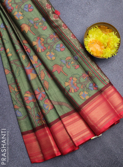 Semi kanchipuram silk saree green shade and red with allover digital prints and zari woven border