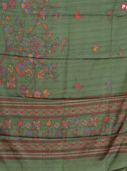 Semi kanchipuram silk saree green shade and red with allover digital prints and zari woven border