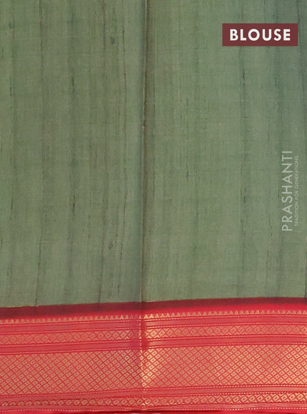 Semi kanchipuram silk saree green shade and red with allover digital prints and zari woven border