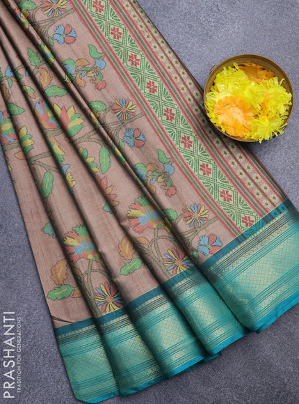 Semi kanchipuram silk saree beige and teal green with allover digital prints and zari woven border