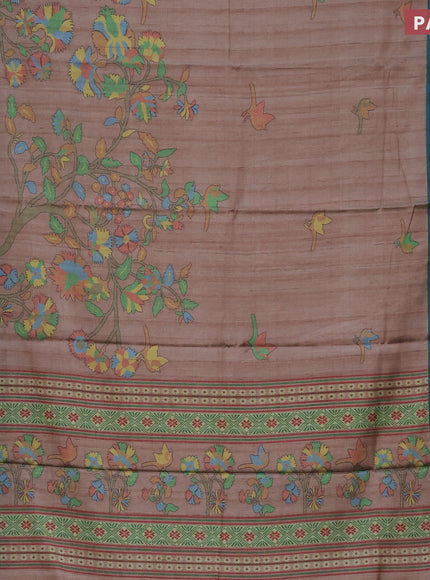 Semi kanchipuram silk saree beige and teal green with allover digital prints and zari woven border