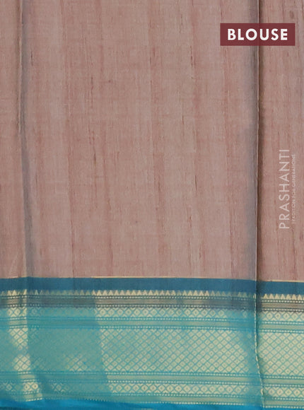 Semi kanchipuram silk saree beige and teal green with allover digital prints and zari woven border