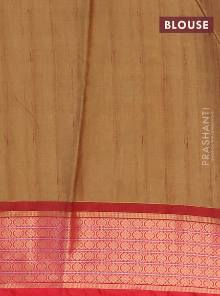 Semi kanchipuram silk saree mustard shade and red with allover digital prints and zari woven border